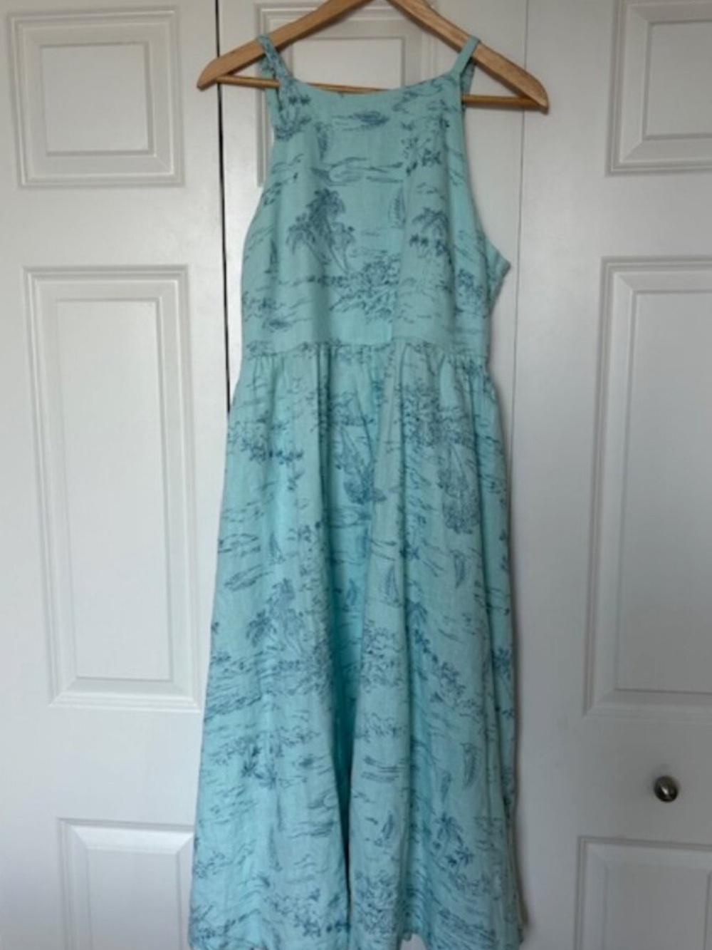 Lands' End seafoam Printed Midi Dress apron neck Medium Petite MP